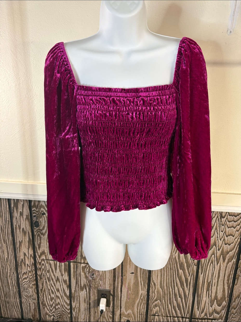 Anthropologie Velvet Smocked Square-Neck Top in Fuchsia